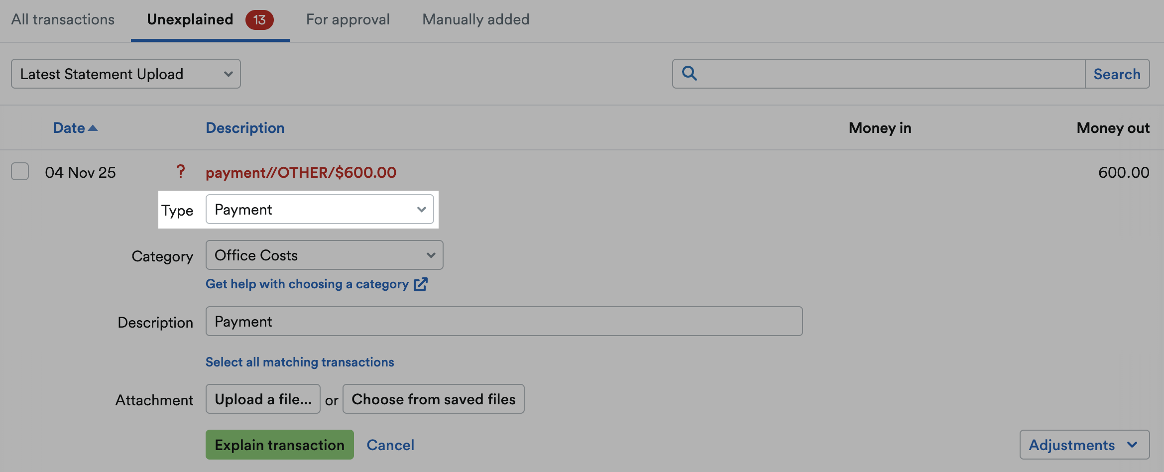 'Payment' selected as Type from drop down menu.