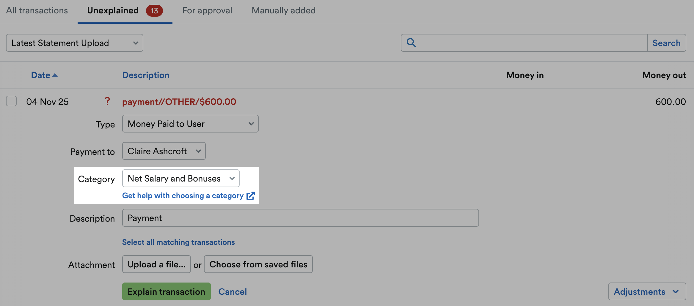 'Net Salary and Bonuses' selected as Category from drop down menu.
