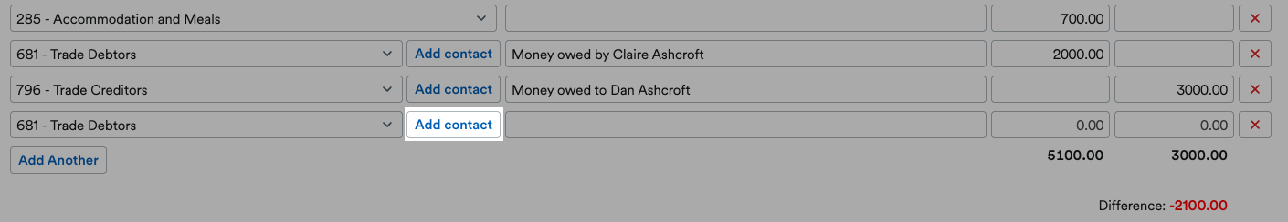 'Add contact' button highlighted next to entry.