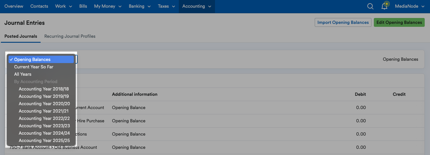 ‘Opening Balances’ highlighted within the ‘drop-down menu in the Journal Entries area.