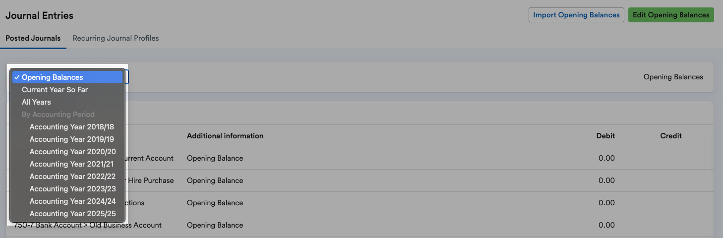 ‘Opening Balances’ highlighted within the ‘drop-down menu in the Journal Entries area.