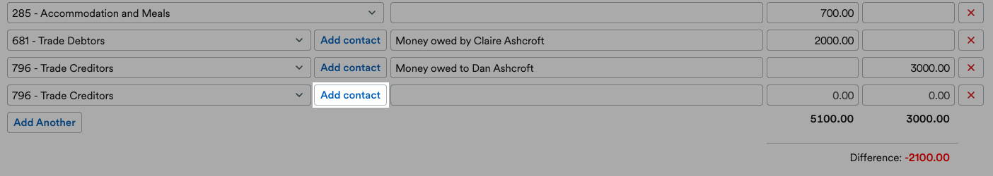 'Add contact' button highlighted next to entry.