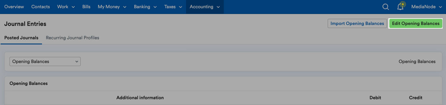 ‘Edit Opening Balances’ button highlighted next to ‘Import Opening Balances’ in the Journal Entries area.