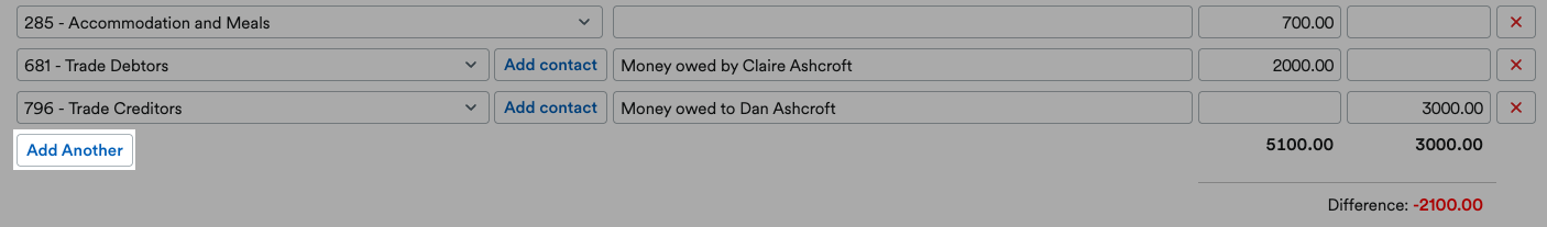 ‘Add Another’ button highlighted at the bottom of the Edit Opening Balances area.