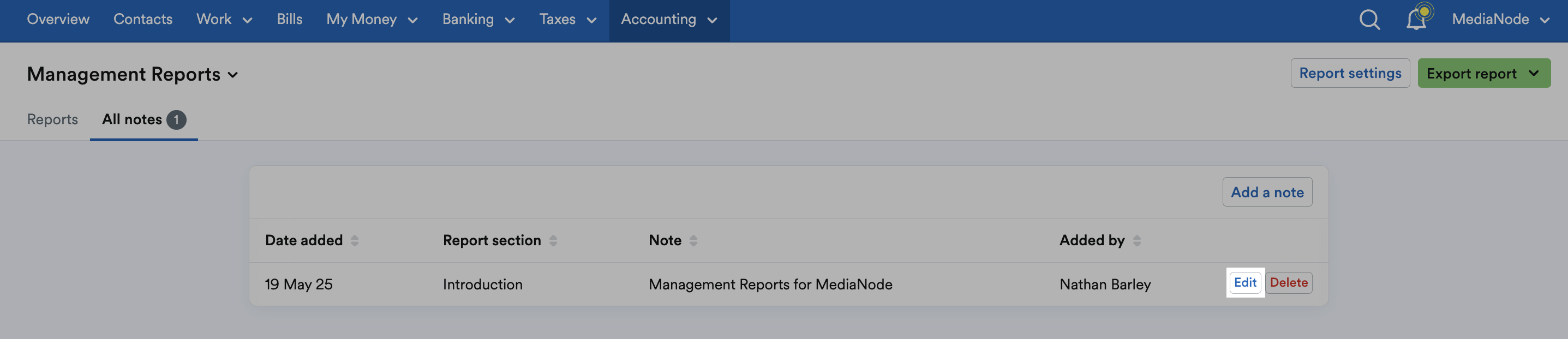 ‘Edit’ button highlighted next to existing note.
