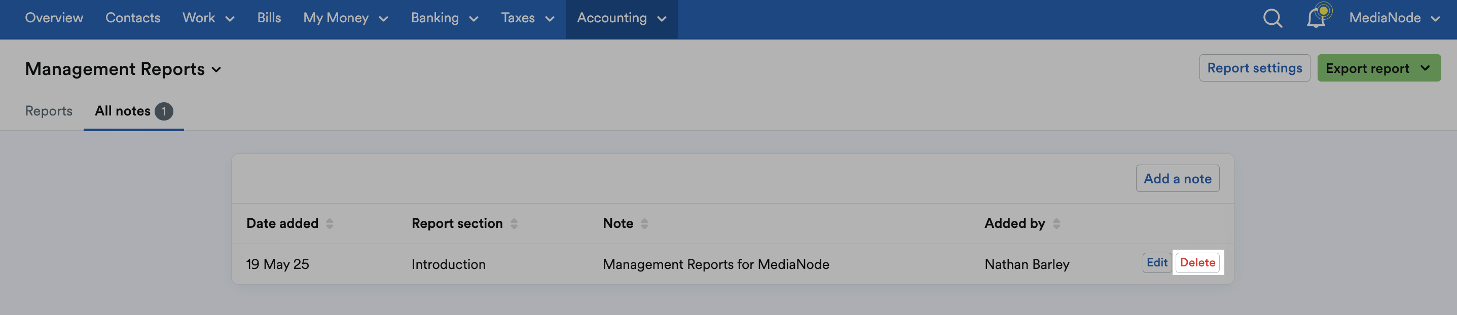 ‘Delete’ button highlighted next to existing note.