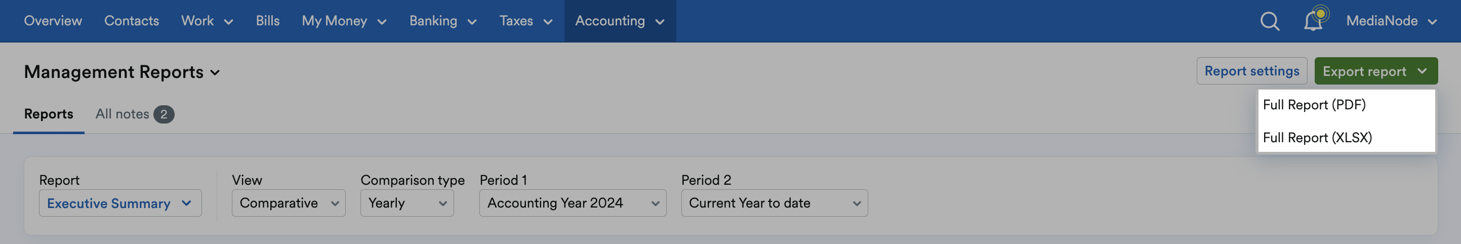 'Full Report (PDF)' and 'Full Report (XLSX)' options highlighted on Export report drop down menu.