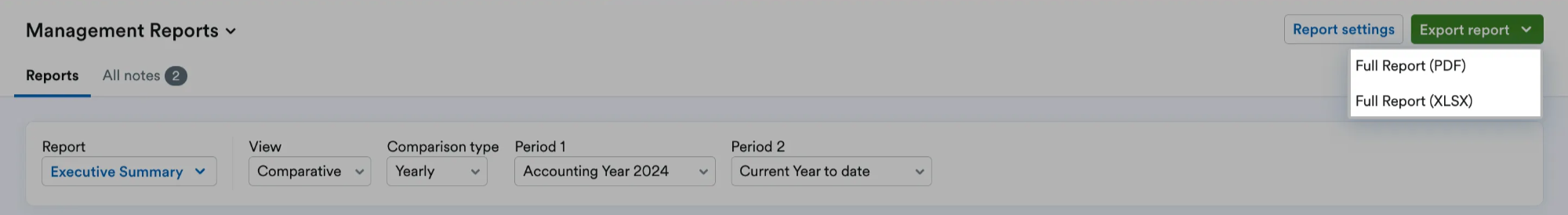'Full Report (PDF)' and 'Full Report (XLSX)' options highlighted on Export report drop down menu.