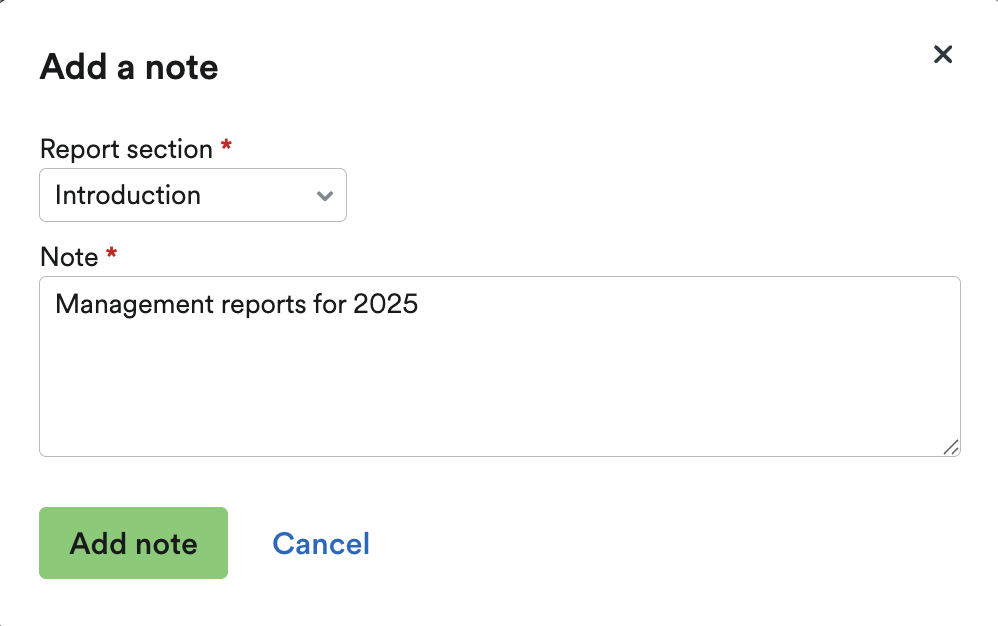 ‘Add a note’ pop up window.