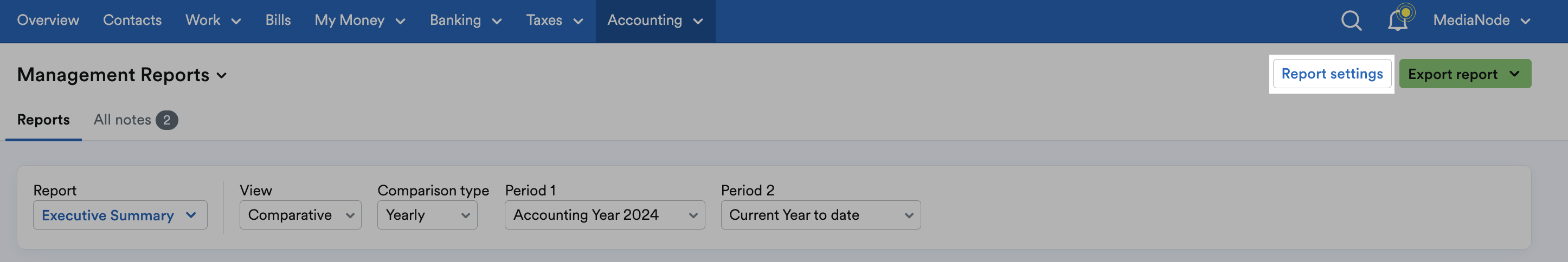'Report settings' button highlighted at top of Management Reports page.