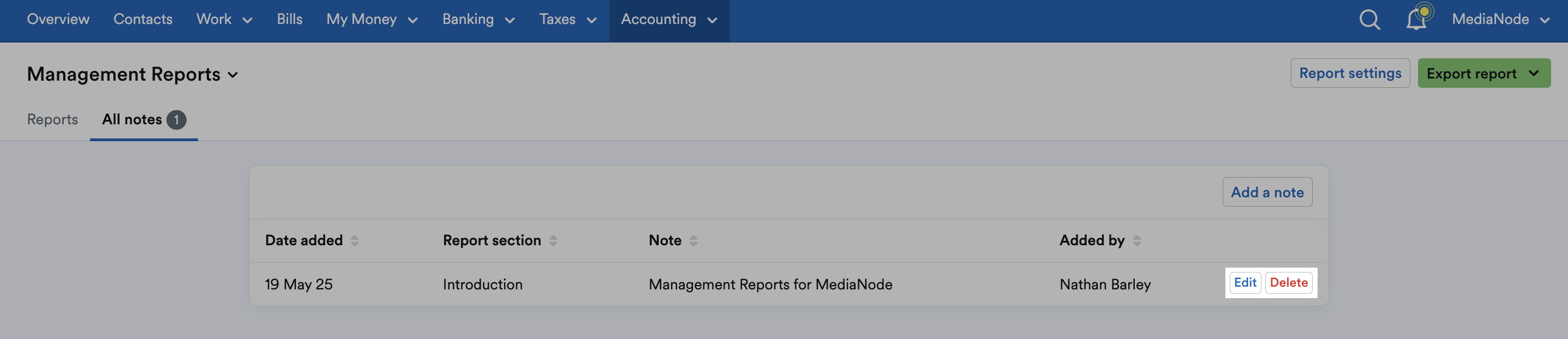 ‘Edit’ and ‘Delete’ buttons highlighted next to note.