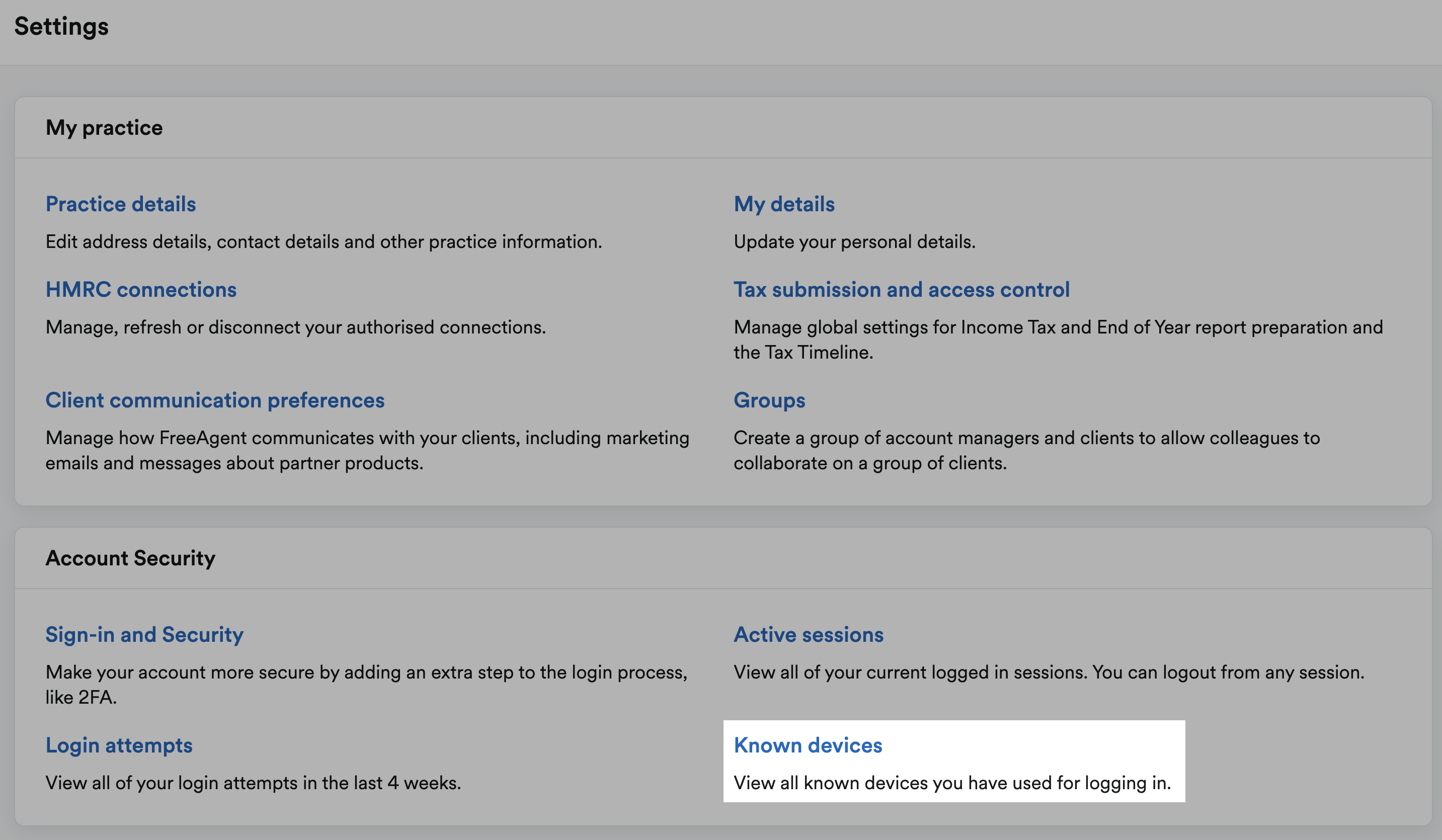 'Known devices' highlighted in Account Security section of Settings page.
