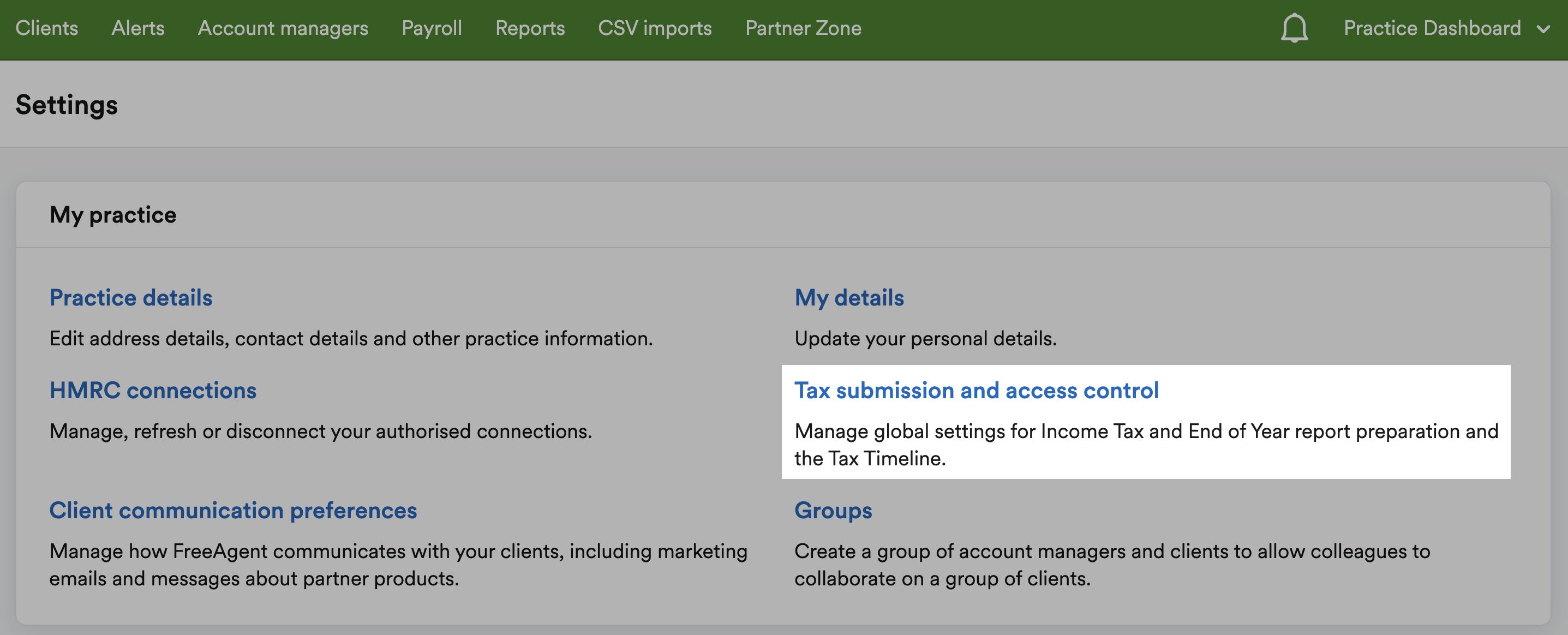 Dashboard settings area with Tax submission and access control highlighted
