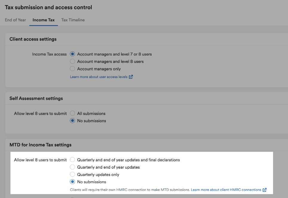 Option to choose whether level 8 clients can make submissions for MTD for Income Tax