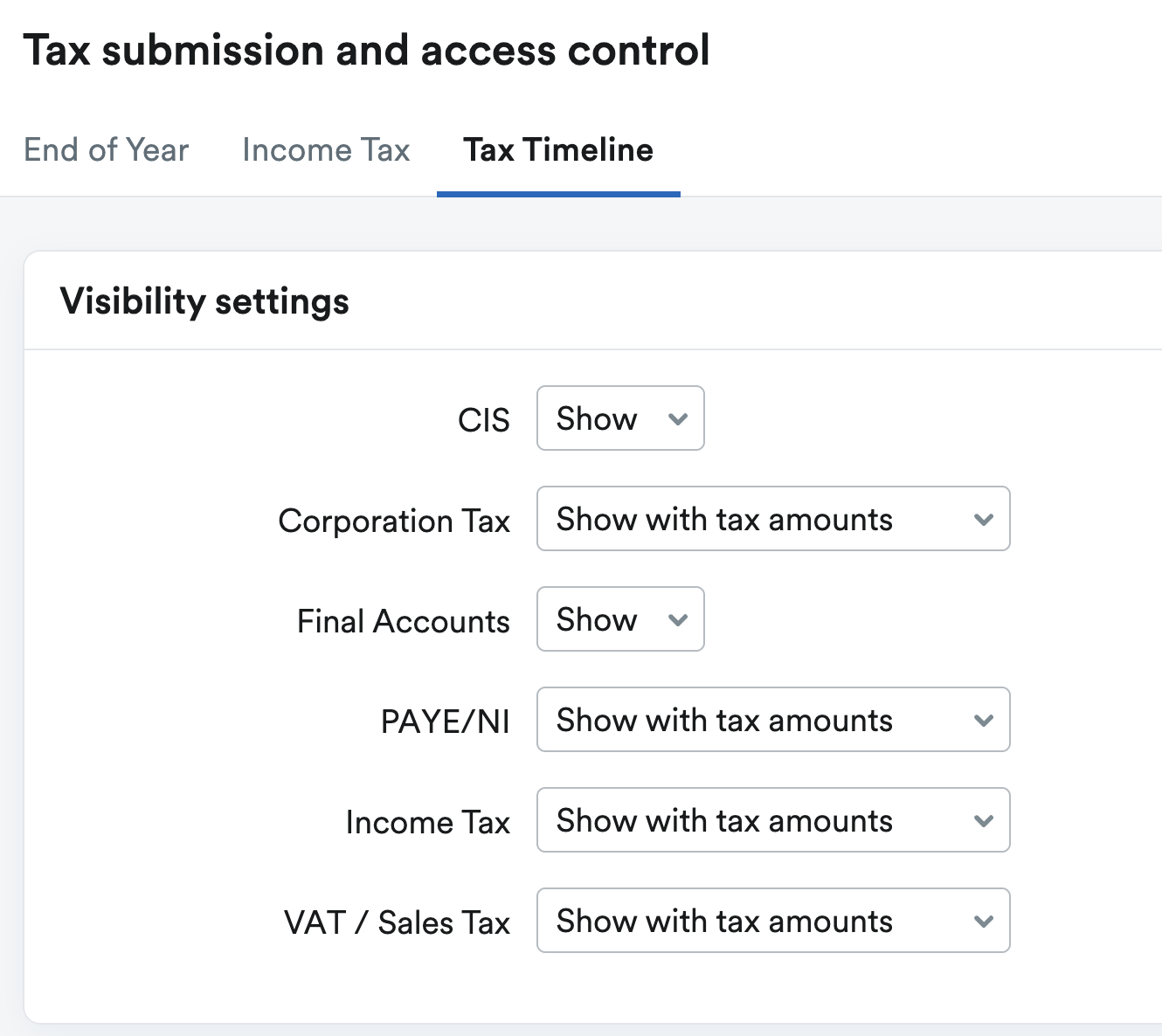 Tax Timeline visibility settings