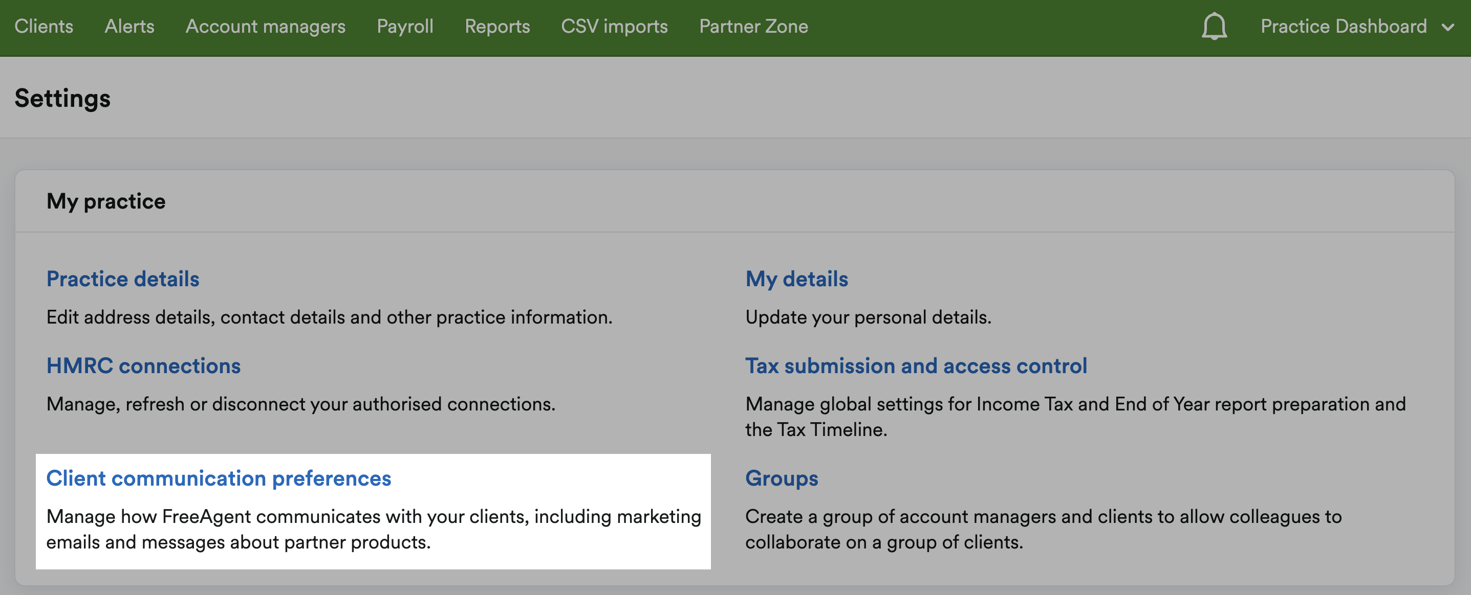 Client communication preferences highlighted within Practice dashboard settings