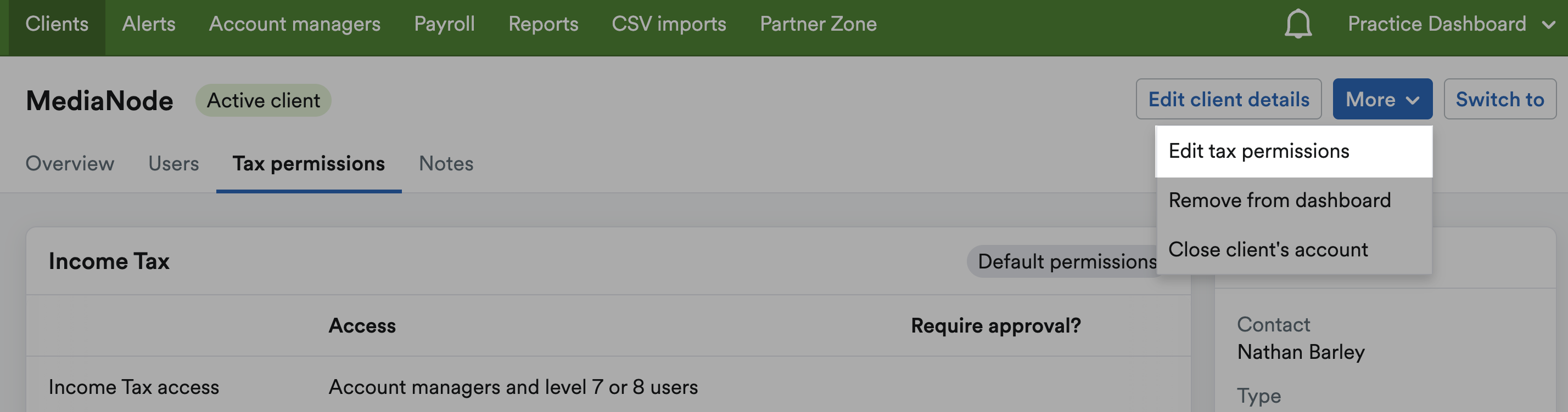 Edit tax permissions highlighted in the More drop-down menu in the top-right of the client's profile