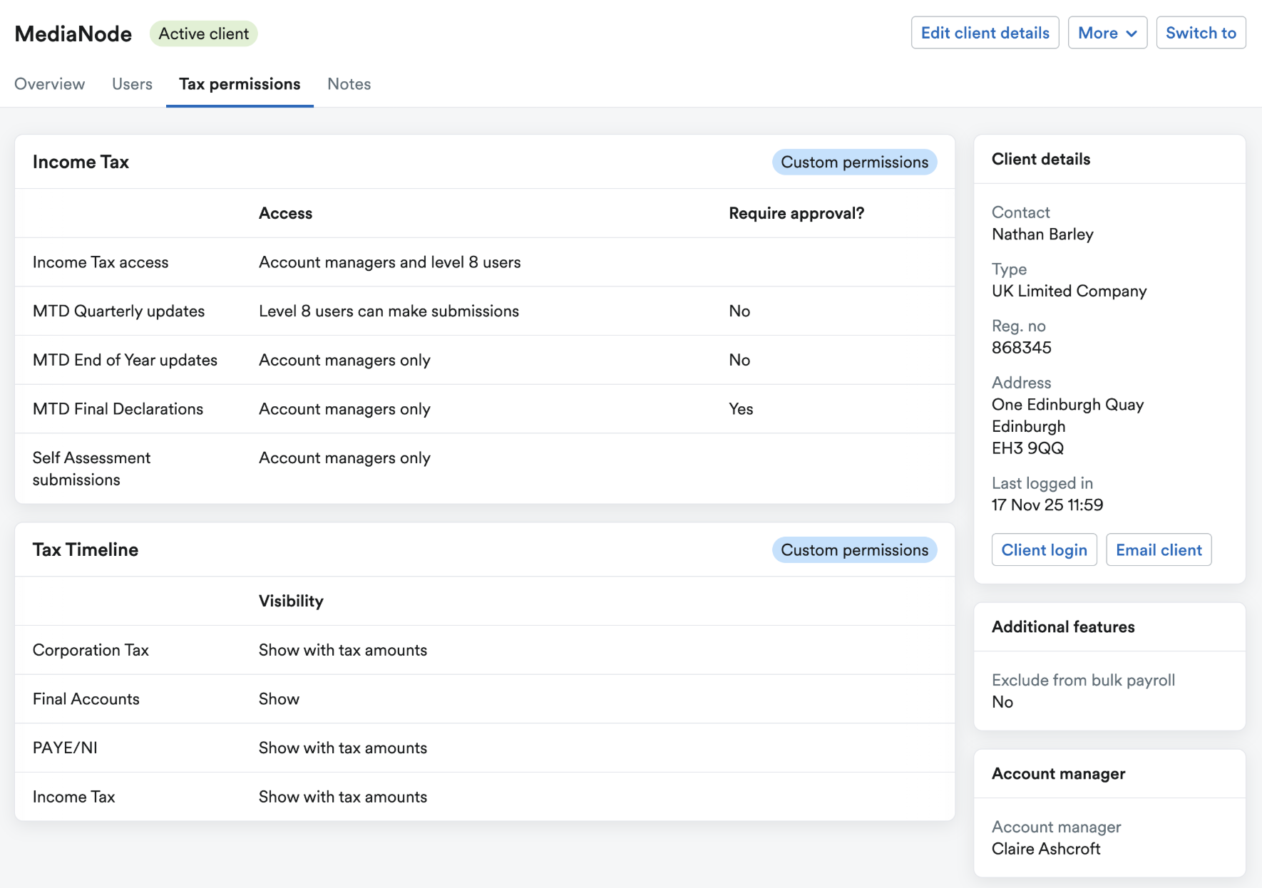 Client's tax permissions updated to the new custom permissions