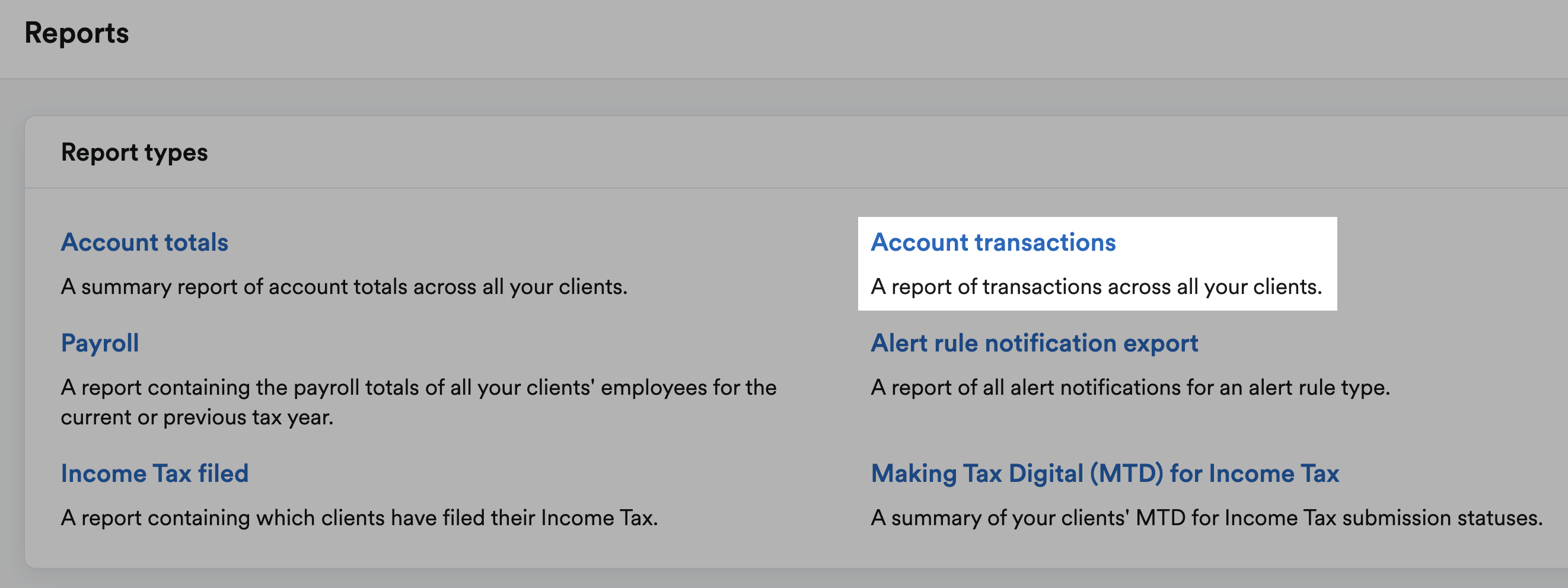 'Account transactions' highlighted under Report types.