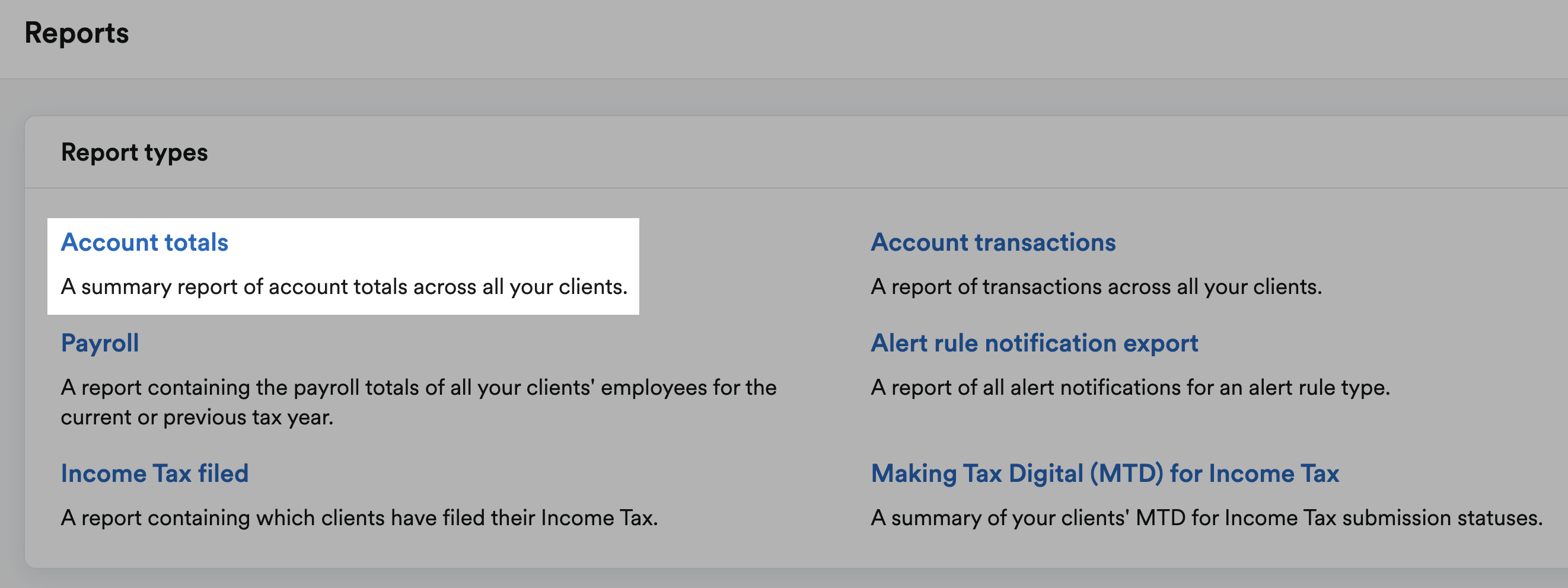 'Account totals' highlighted under Report types.