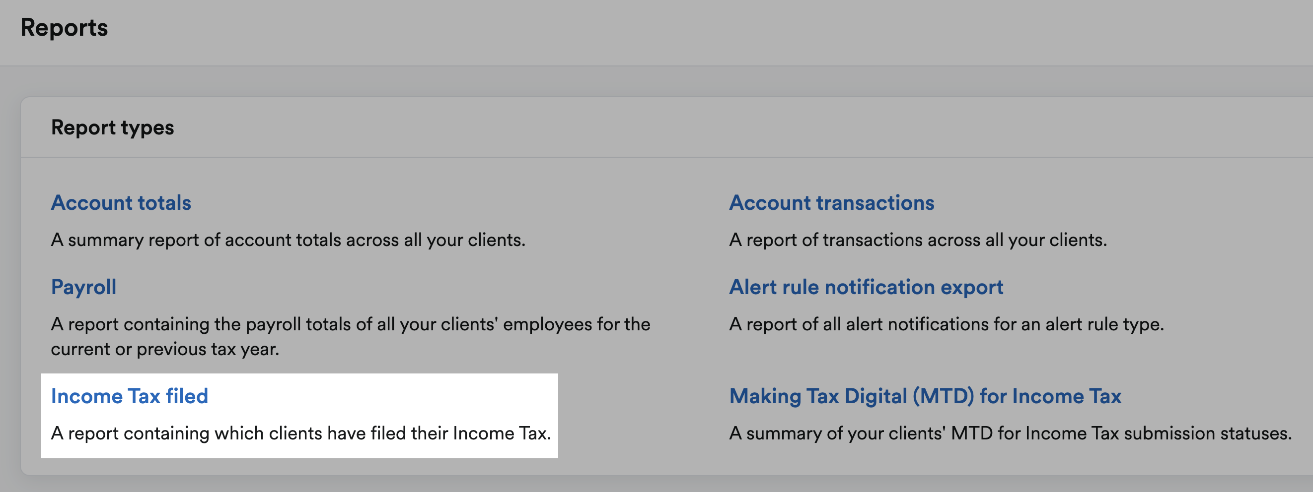 'Income Tax filed' highlighted under Report types.