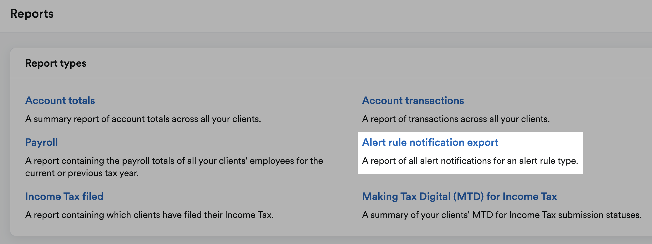 'Alert rule notification export' highlighted under Report types.
