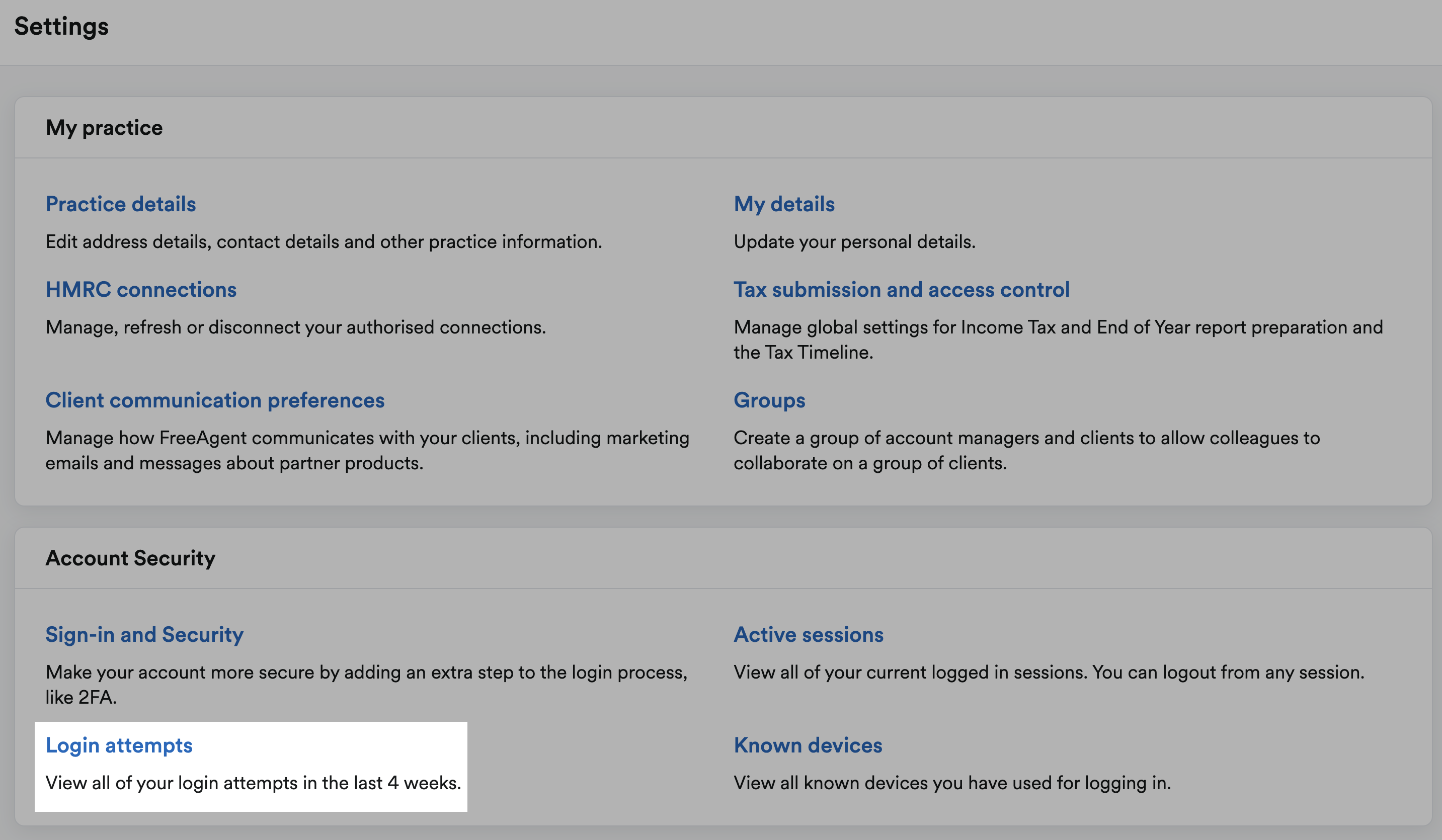 Login attempts highlighted in settings area on Practice Dashboard.