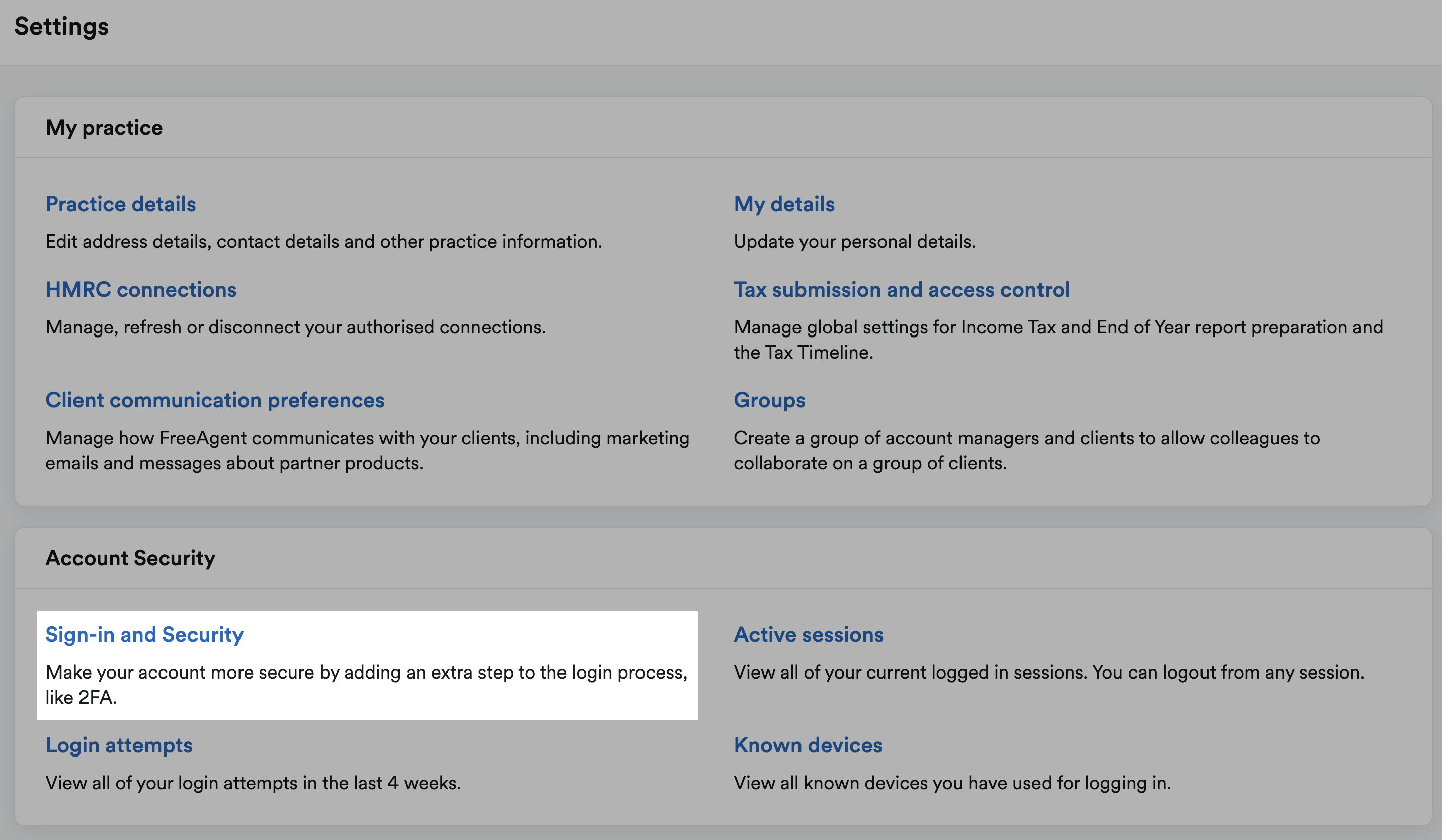 Settings page with Sign-in and Security highlighted