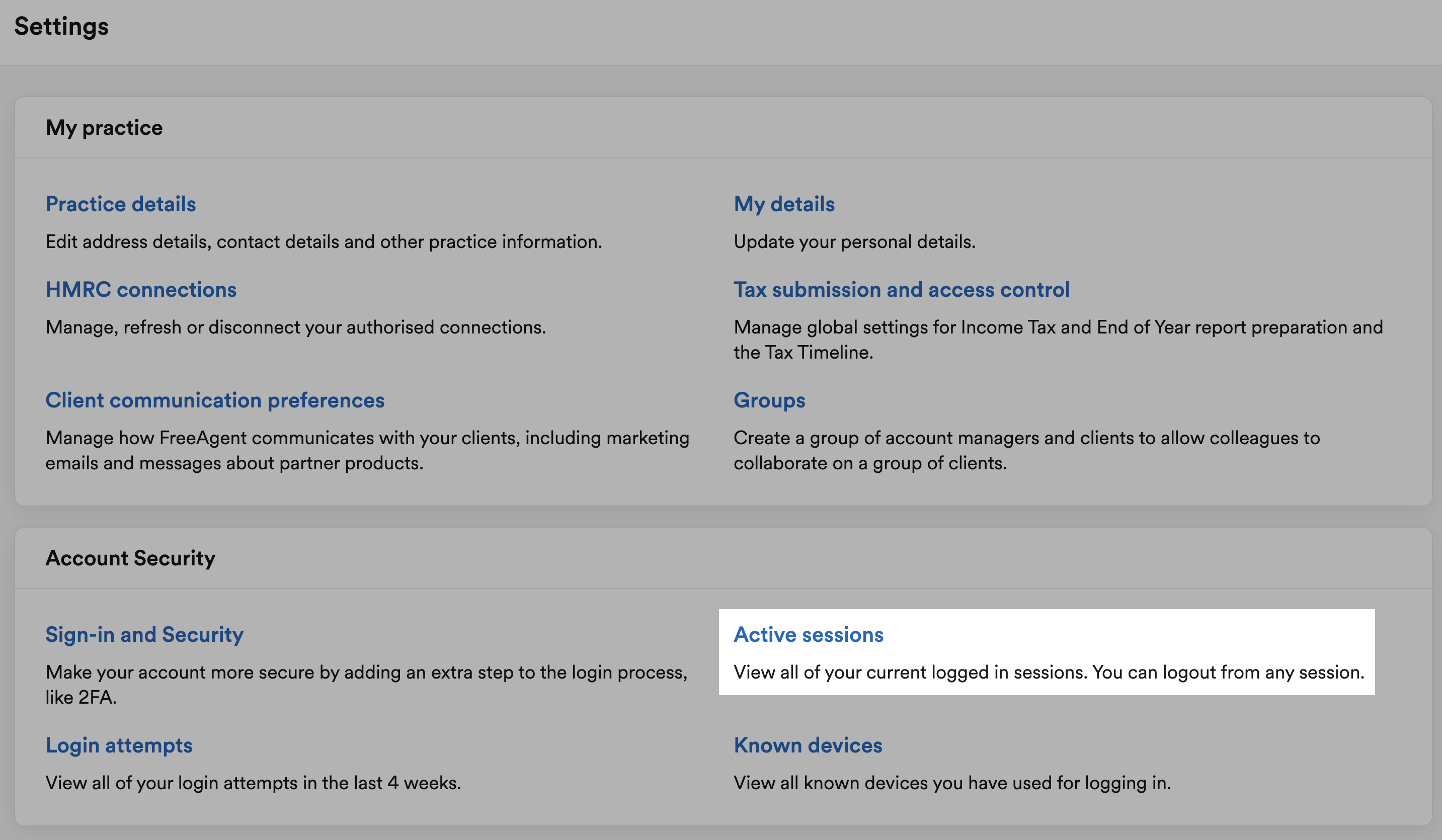Settings page with active sessions highlighted.