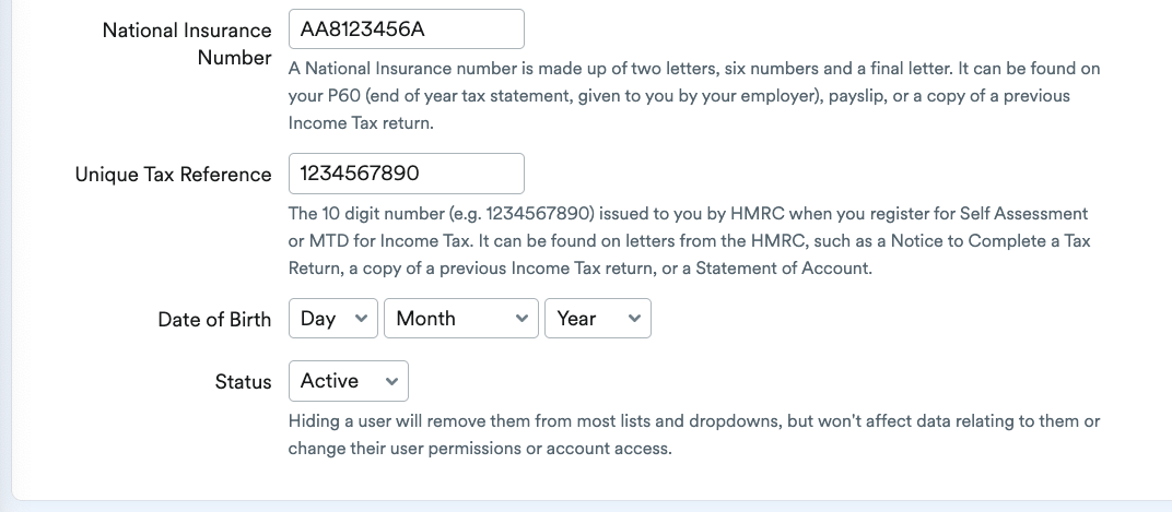 Fields to enter National Insurance Number, Unique Tax Reference, Date of Birth and Status to set to Active or Hidden.