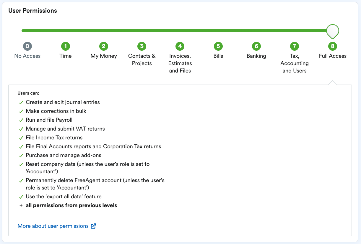 User Access level set to ‘8’, full level access.