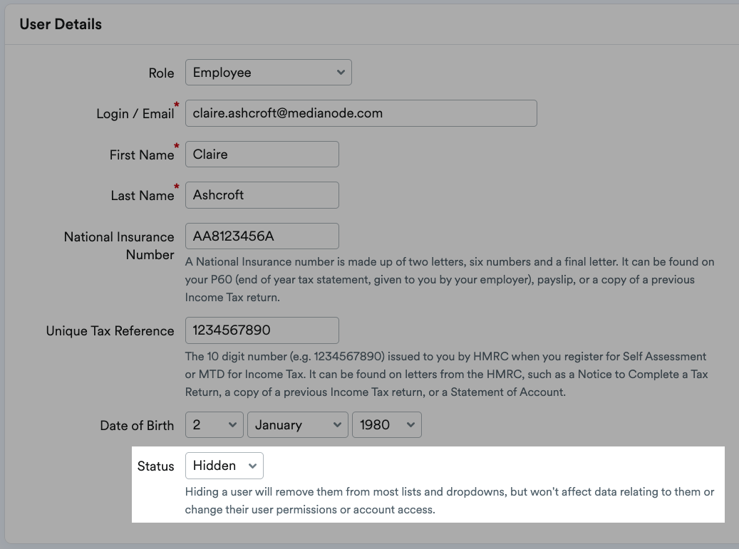 Hidden option highlighted within Status drop-down menu on a user profile