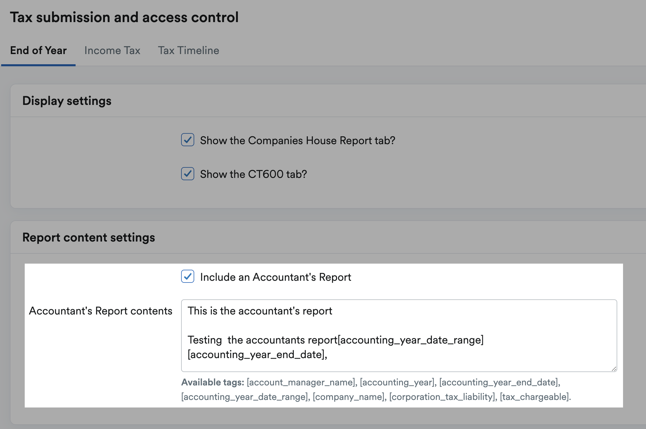 Report content settings section of End of Year settings for accountant's report contents