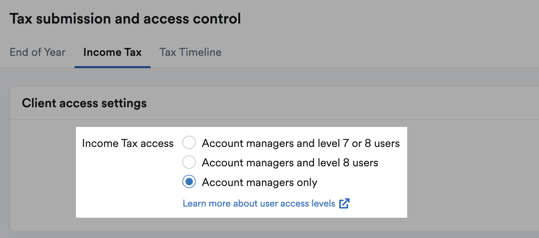 Options to choose whether clients can or can't access the Income Tax area in FreeAgent