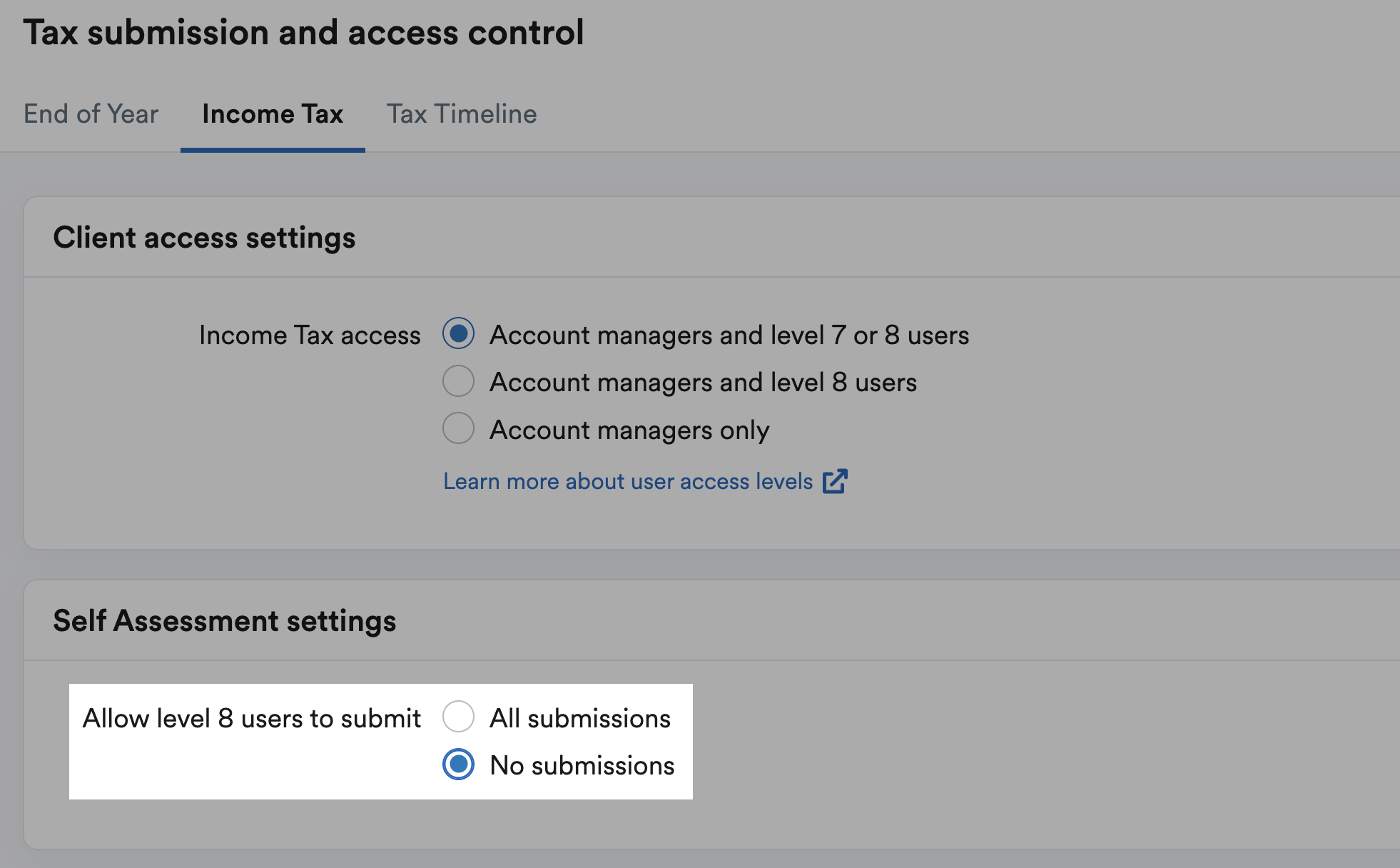 Option to choose whether level 8 clients can submit Self Assessment returns themselves