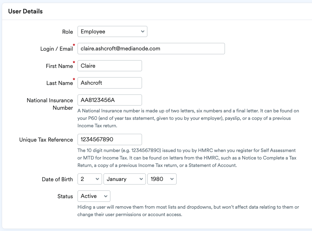Selected user's details available to edit