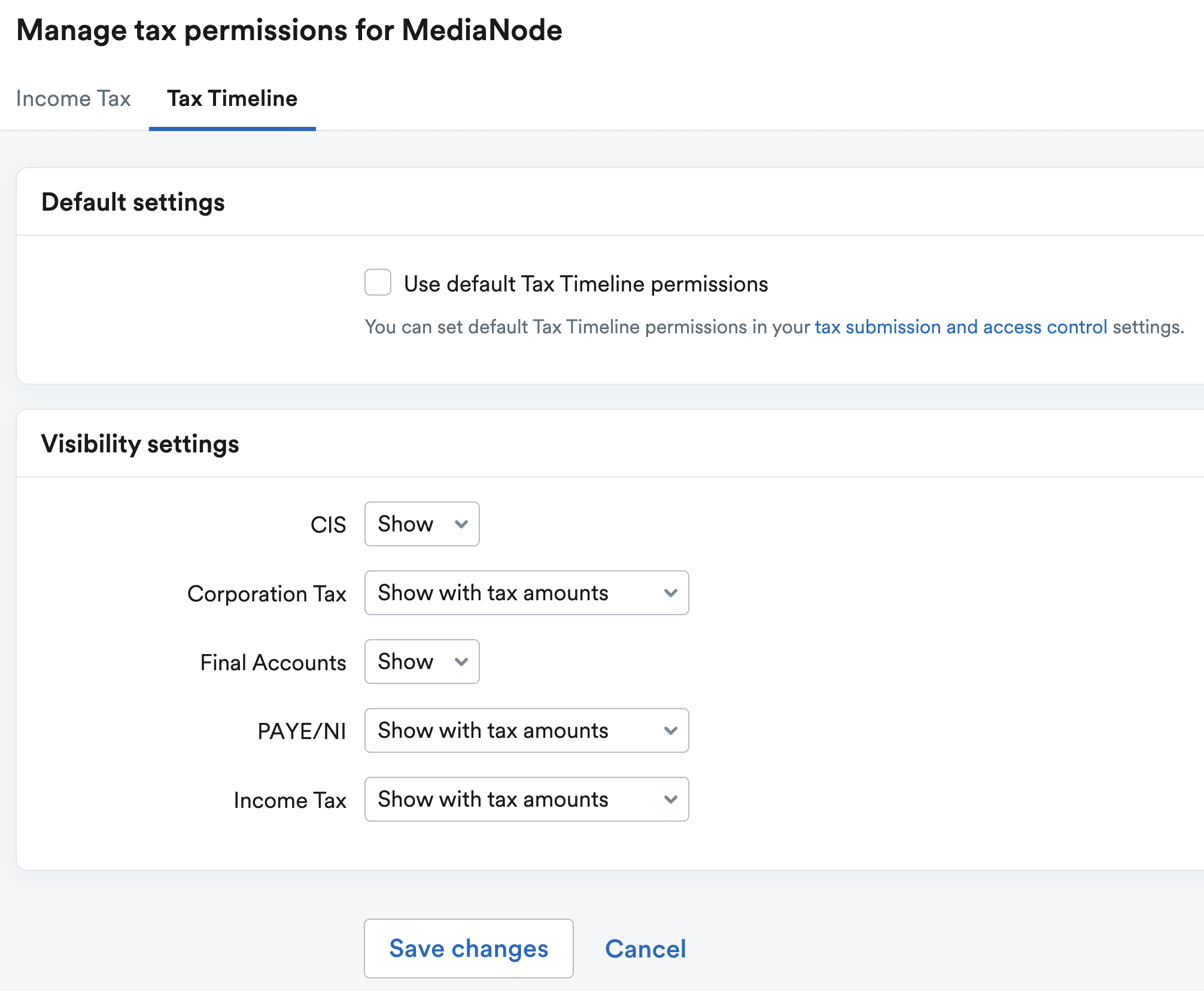 Options to customise the client's Tax Timeline permissions