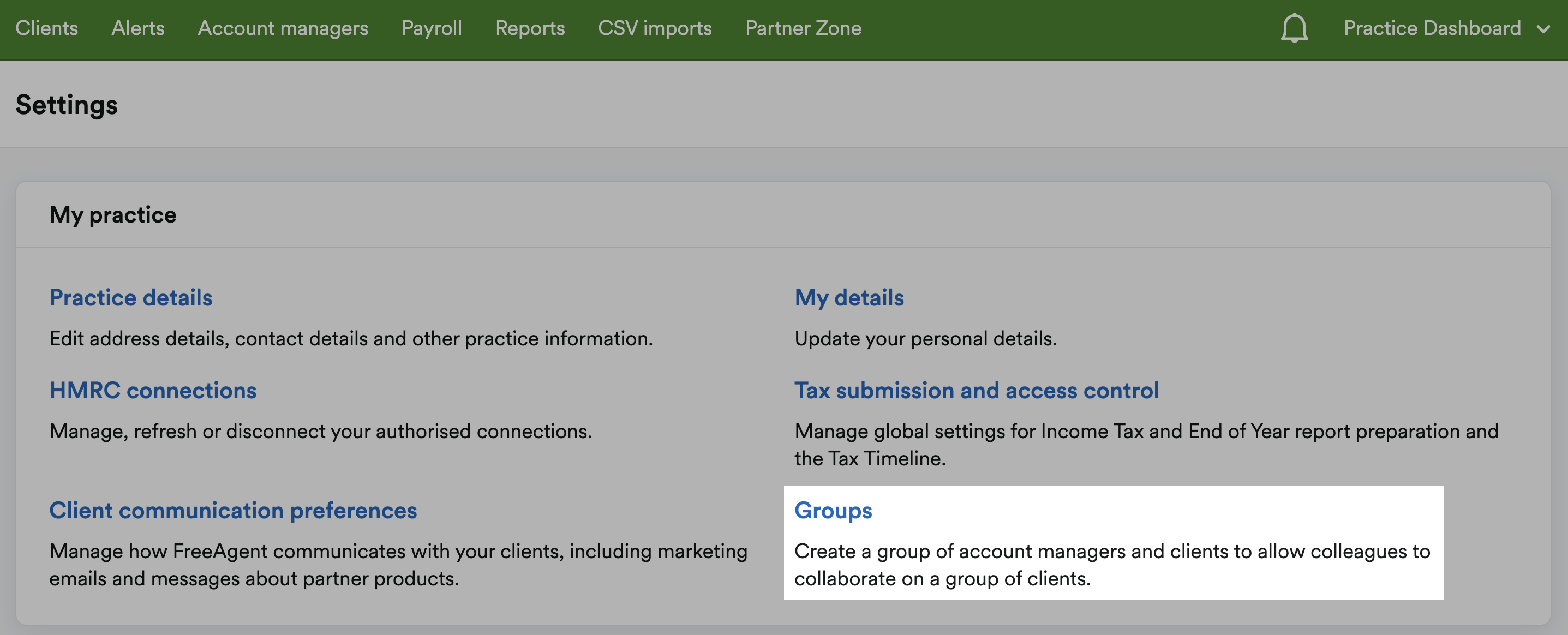 Settings area with 'Groups' highlighted.