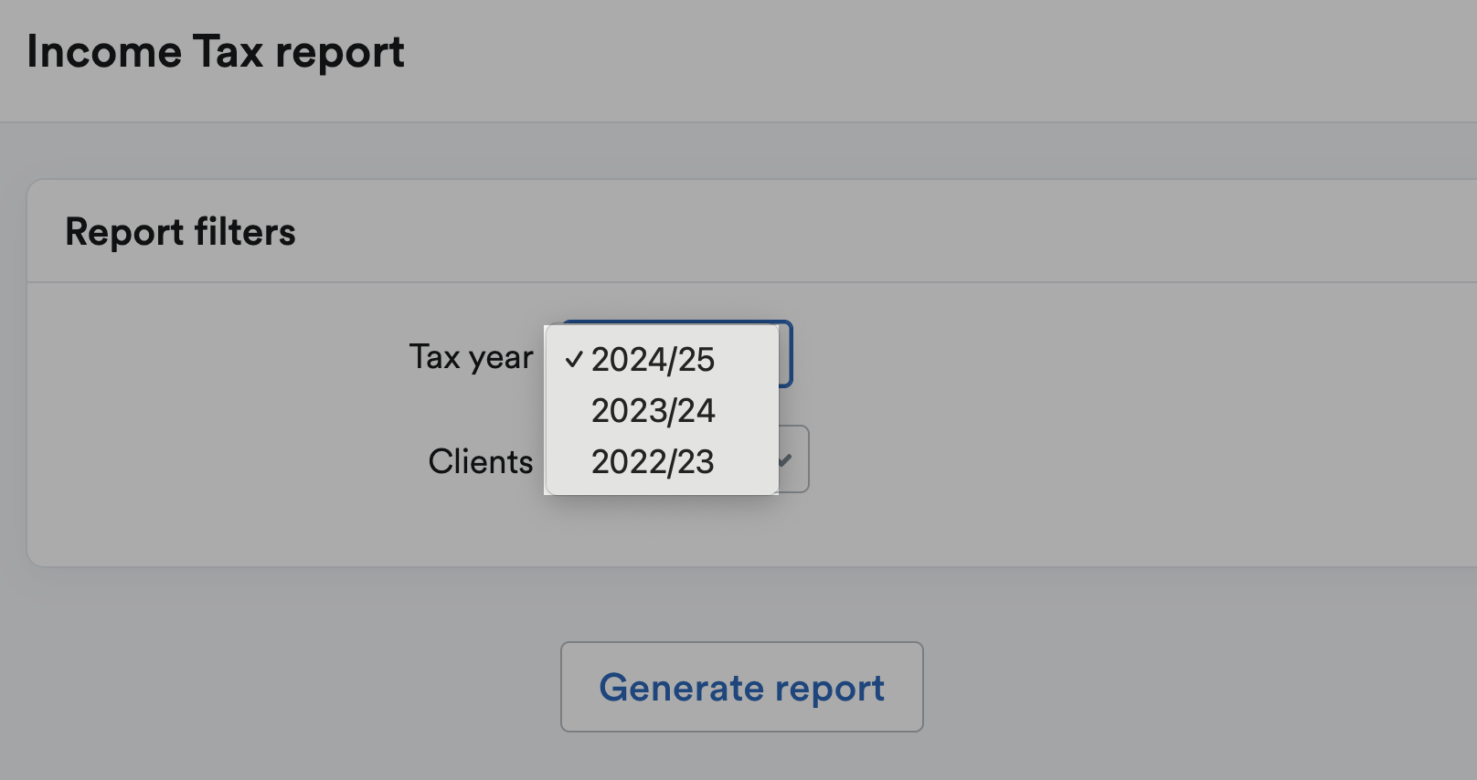 Tax year filter highlighted