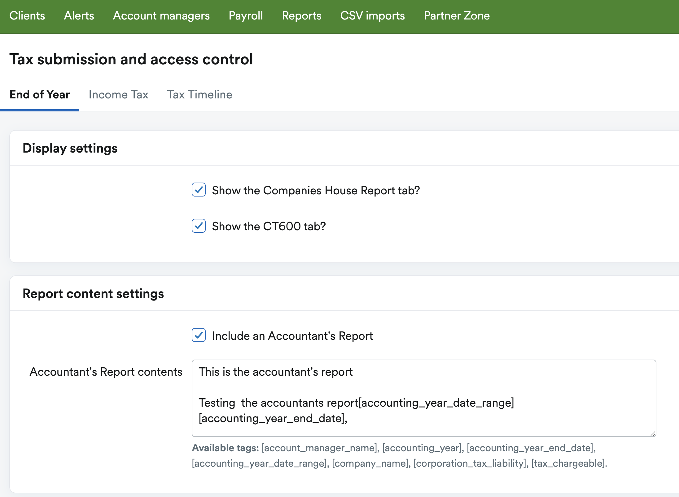 Checkboxes to choose to include the Companies House Report tab and the CT600 tab.