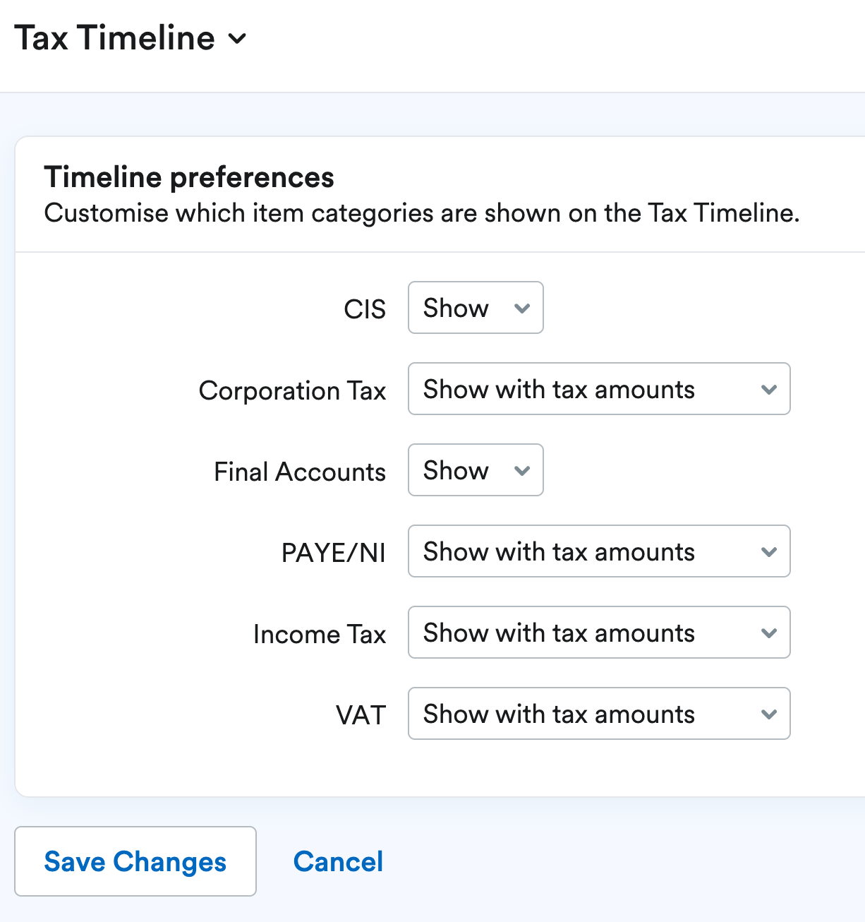 List of Tax Timeline preferences