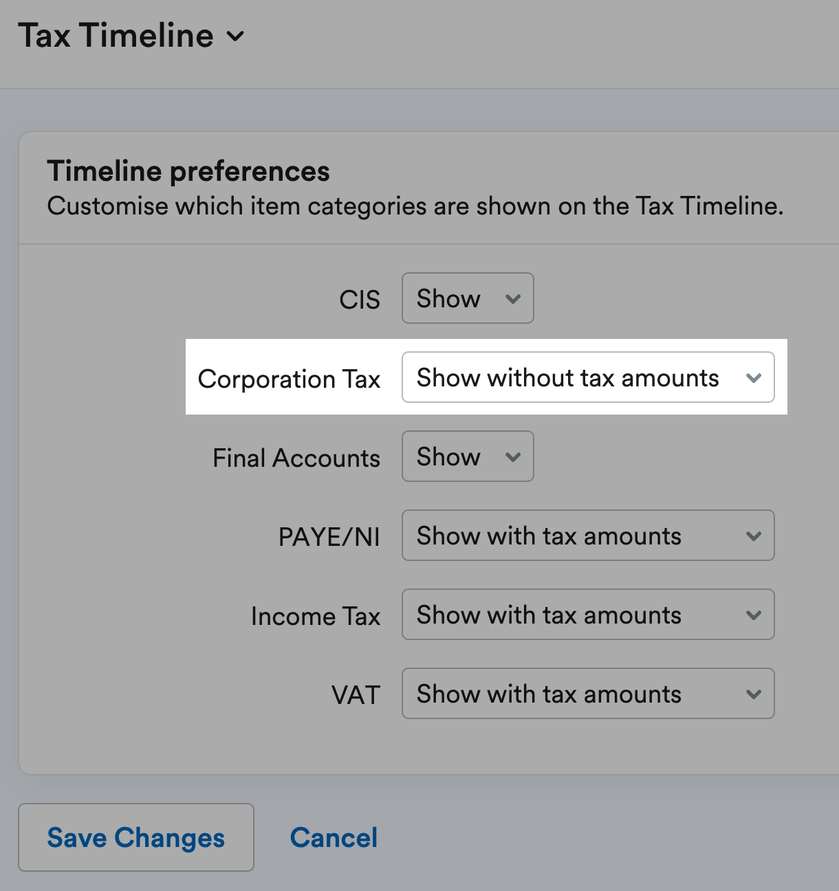 The Tax Timeline preferences screen. 'Show without tax amounts' is selected on the drop-down menu next to 'Corporation Tax'