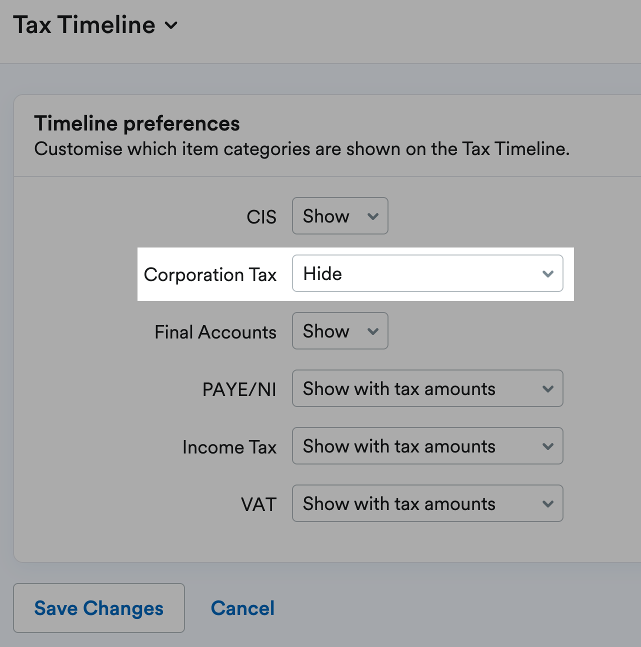 The Tax Timeline preferences screen. 'Hide' is selected on the drop-down menu next to 'Corporation Tax'