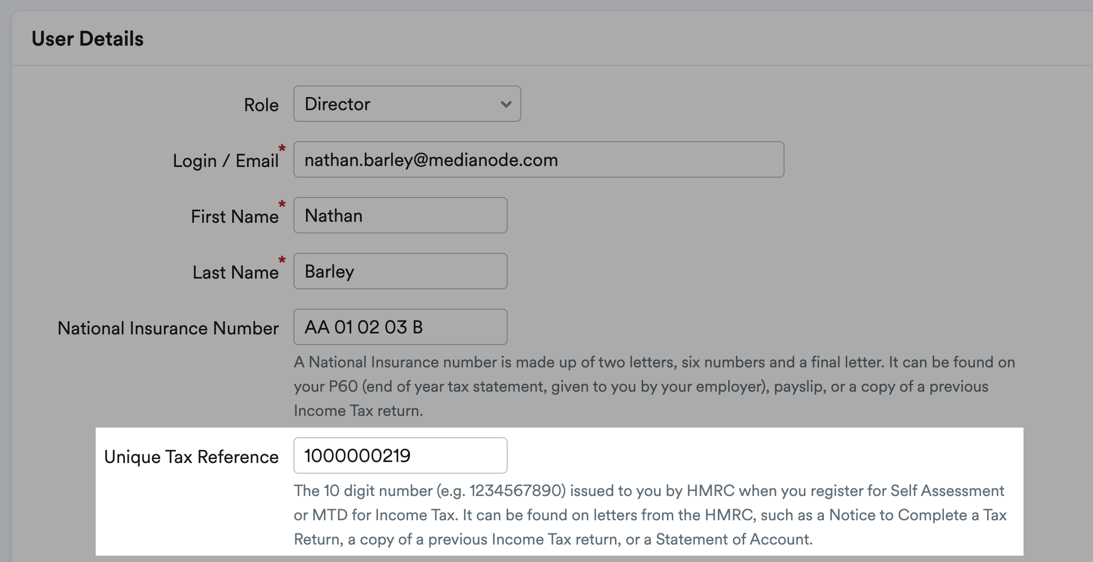 Example Unique Tax Reference highlighted on the User Details page.
