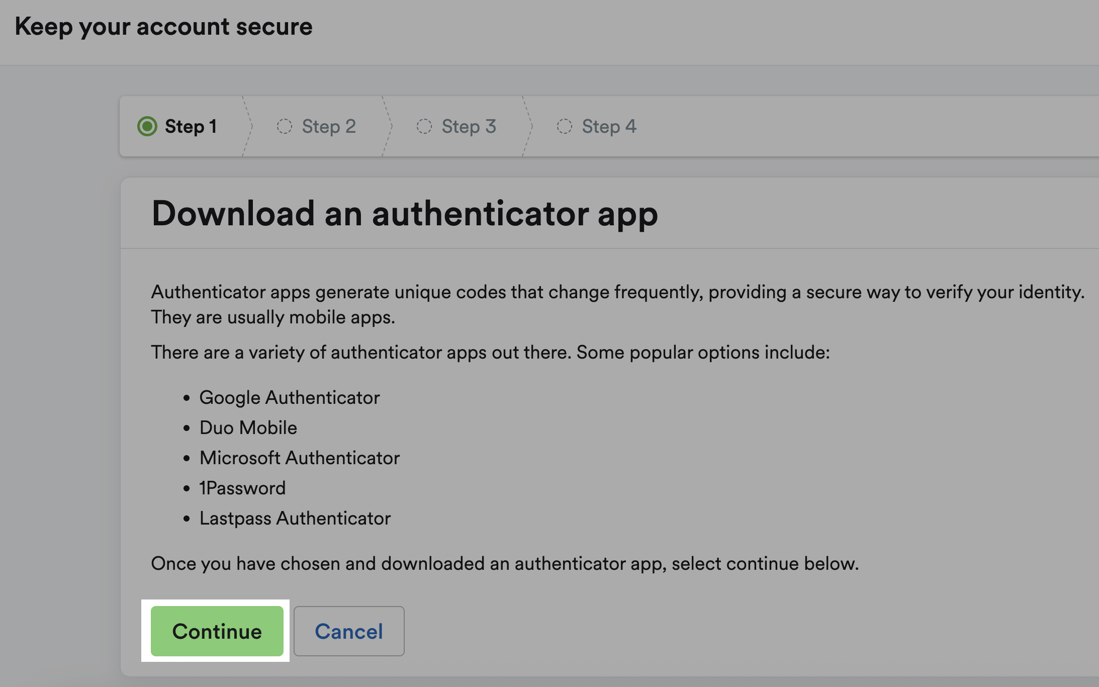 'Continue' button highlighted on Step 1 page.