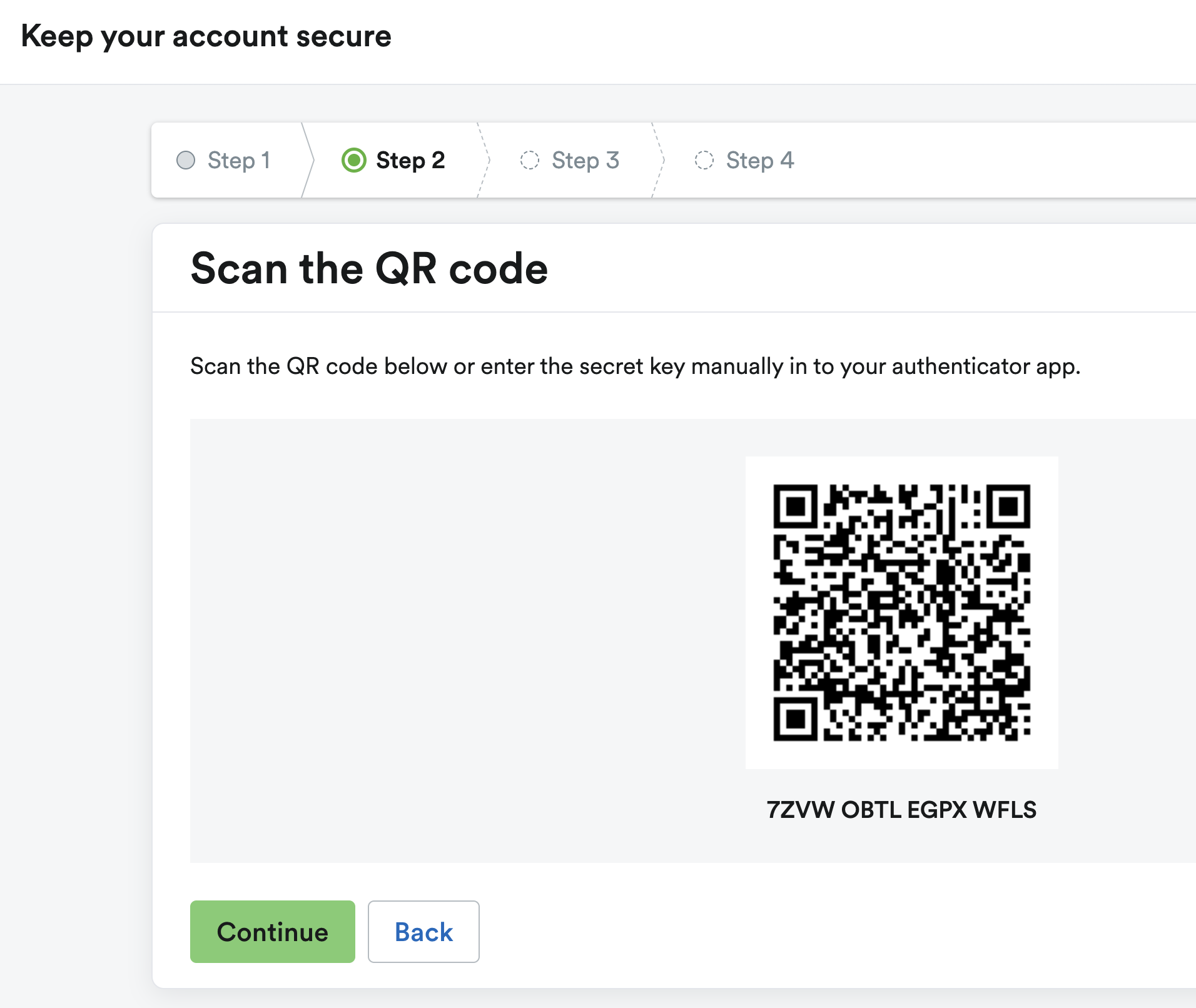 Step 2 showing QR code and 'Continue' button.