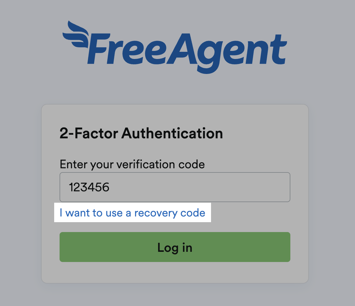 'I want to use a recovery code' highlighted on 2 Factor Authentication window.