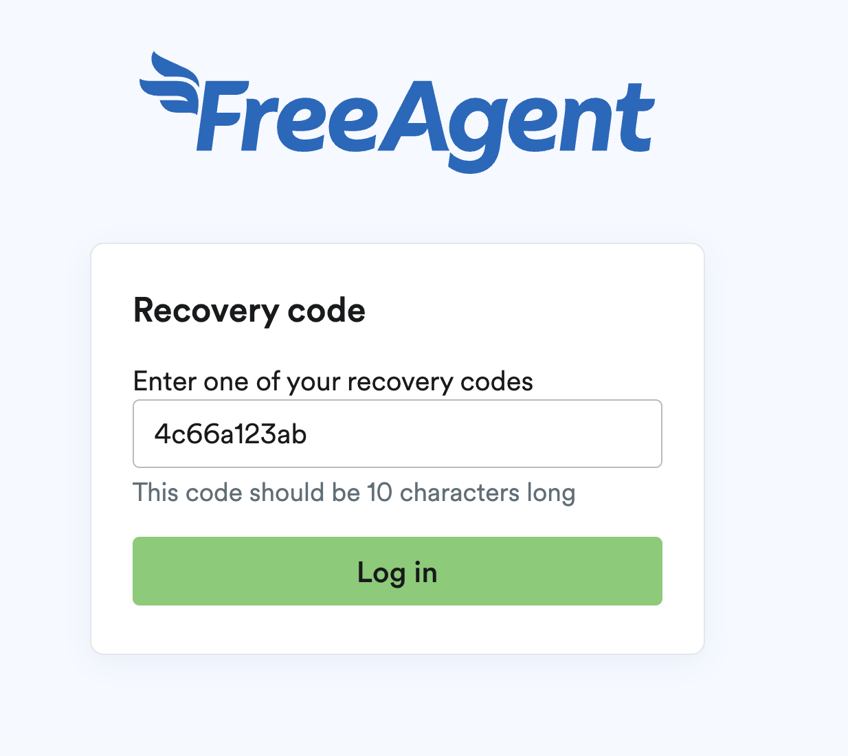 Recovery code window with field to enter code and 'Log in' button.
