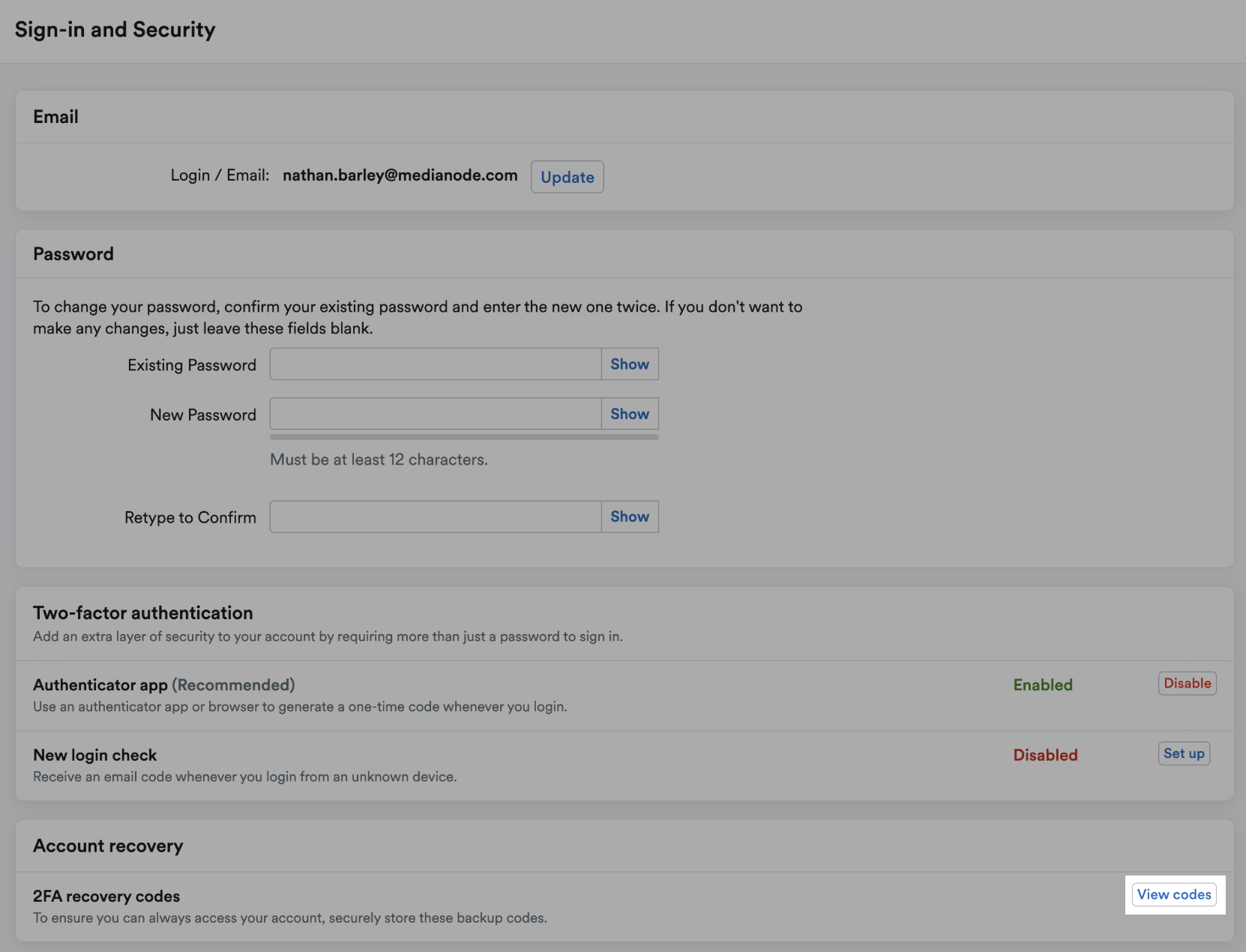 'View codes' button highlighted next to 2FA recovery codes.