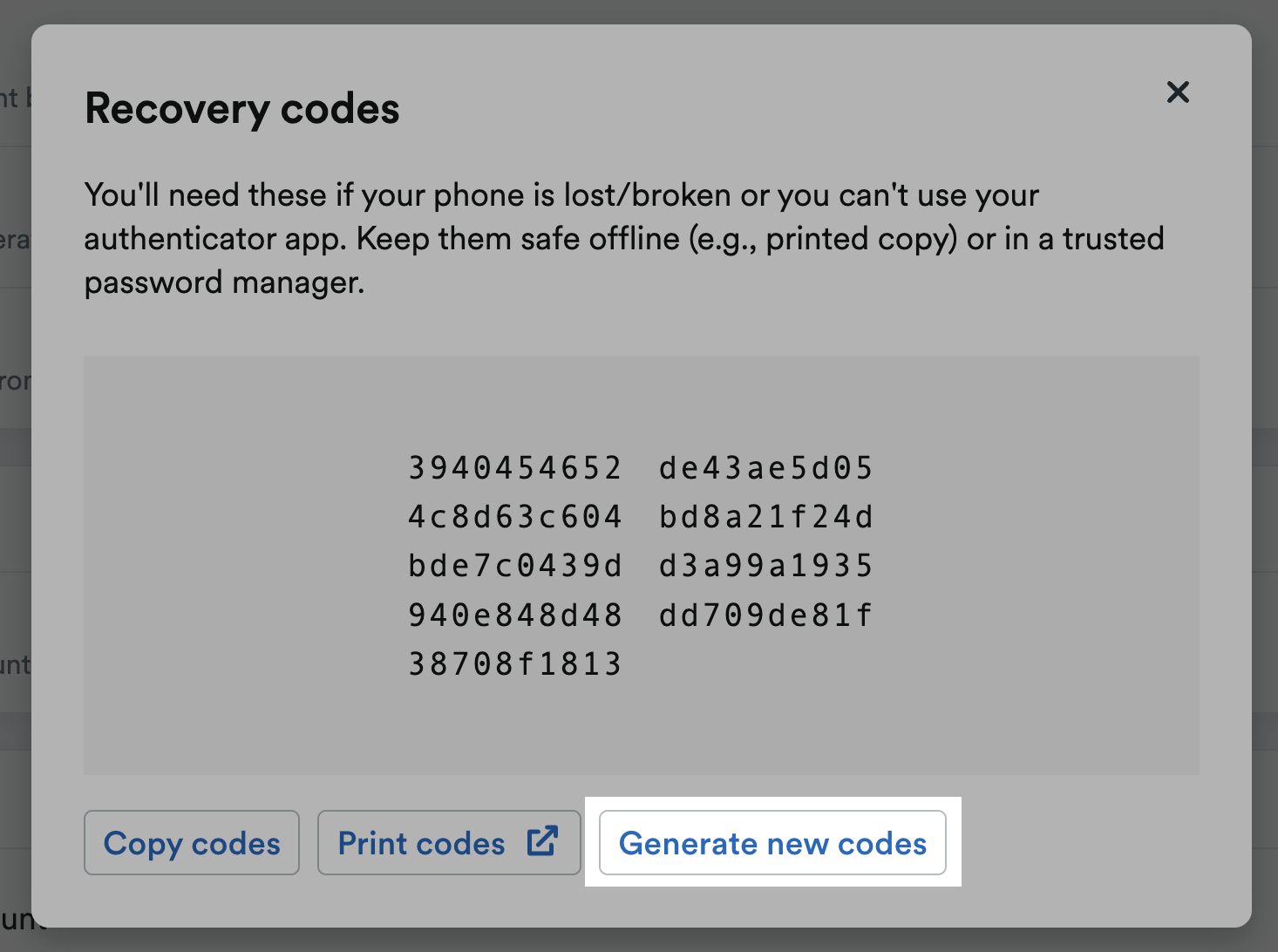 'Generate new codes' button highlighted on Recovery codes window.